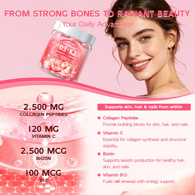Vitamin D3 K2 Gummies, 10-in-1 Liposomal 10000 IU Vitamin D3 & K2 200 mcg | with Calcium, Magnesium, Collagen, Biotin, Zinc & B12, Bone, Skin & Immune Support, Sugar Free, Peach Flavor, 60 Count 60 Count (Pack of 1)