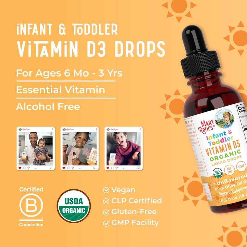 MARYRUTH'S USDA Organic Vitamin D3 Drops, Vegan, Sugar Free | Immune Support, Gluten Free, Non-GMO, 90-150 Servings Infant & Toddler