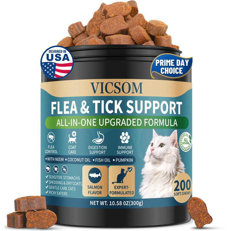 Flea and Tick Prevention for Cats Chewable, 200 Treats Natural Cat Flea Treatment, Skin & Digestive Support Oral Supplement Chew Flea and Tick Treatment for Cat Kitten All Breeds & Ages, Salmon Flavor