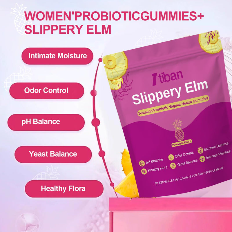 Slippery Elm Feminine Probiotic Moisture Gummies, pH Balance, Vaginal Flora, Odor Health with Bacillus coagulans, Delicious Pineapple Flavor, 60 Count Pink-bag-pineapple