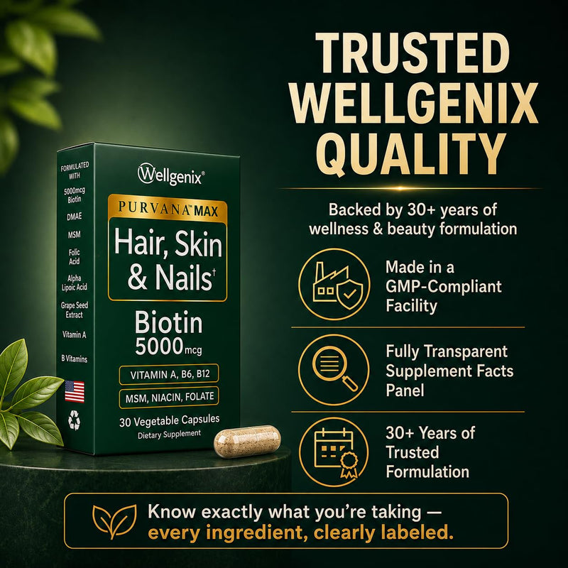 Wellgenix Purvana MAX Hair Skin & Nails Vitamins, Biotin 5000, 60 Ct 2-Pack | Biotin, MSM & hyaluronic acid in vegetable capsules for thicker, fuller hair, stronger nails & a clearer, radiant complexion 30 Count (Pack of 2)