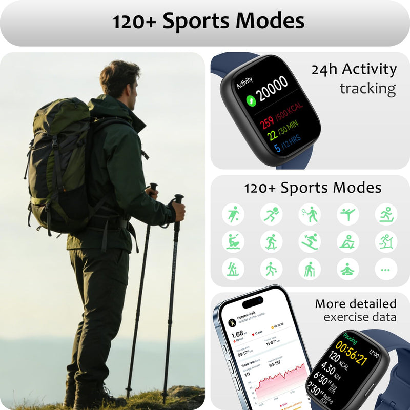 Smart Watch (Answer/Make Call) for iPhone&Android, 1.83" Smartwatches with Sleep Monitor Heart Rate Activity Tracking, IP68 Waterproof, Fitness Tracker 100+Sport, Reloj Inteligente 30 Day+Battery Life Blue - BeesActive Australia