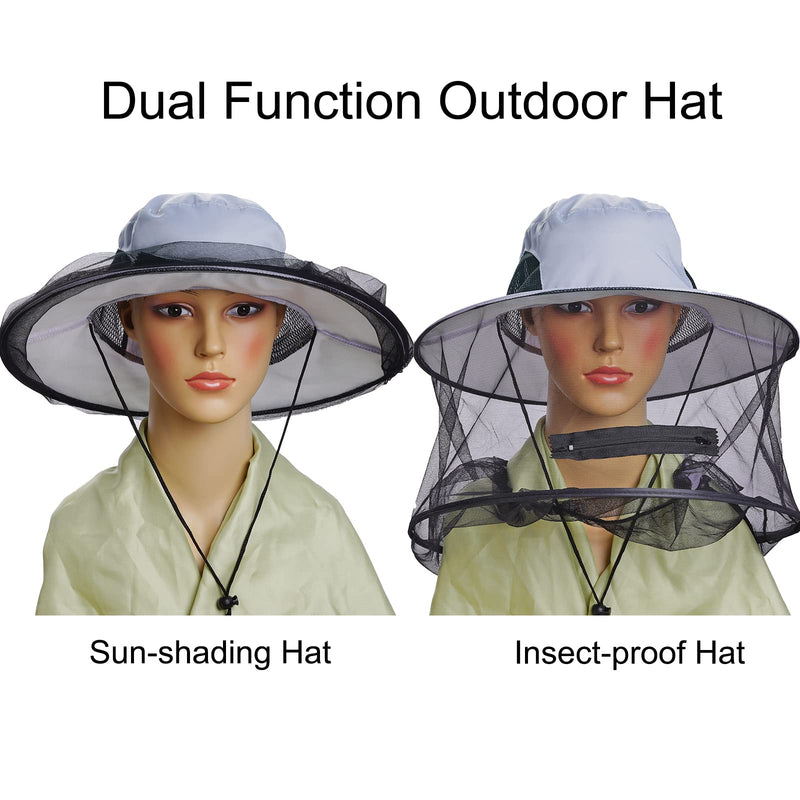 Sucrain 2 Pack Mosquito Head Net Hat Sun Hat Garden Bug Hat with Hidden Net Mesh for Outdoor Gardening Beekeeping 5-5 3/8 Beige + Gray