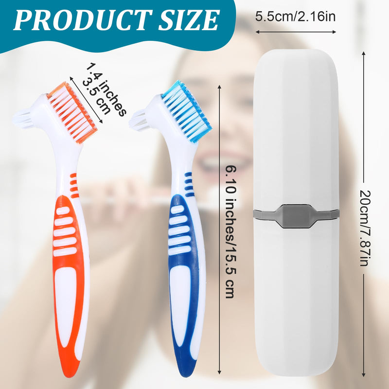 2Pcs Denture Brushes, Denture Cleaning Brush Set with White Carrying Case Dentures Toothbrushes with Multi-Layered Soft Bristles and Rubber Anti-Slip Handle(Blue + Orange)