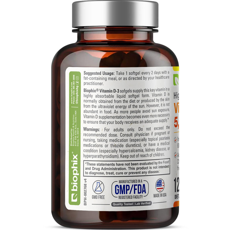 Vitamin D3 5000 IU Softgels 120 Count (125mcg) - Vitamin D-3 High-Potency in Extra Virgin Olive Oil Non-GMO Soy Free For Men and Women - Vit 3D Supplement Supports Strong Bones & Immune Health