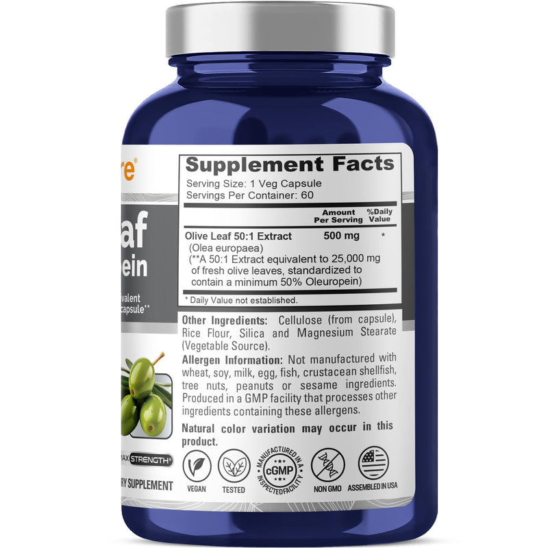 NusaPure Olive Leaf 50:1 Extract, 500 mg Equivalent to 25,000mg - 50% Oleuropein Vegan/Vegetarian - Super Strength No Oil 60 Capsules 60 Count (Pack of 1) - BeesActive Australia