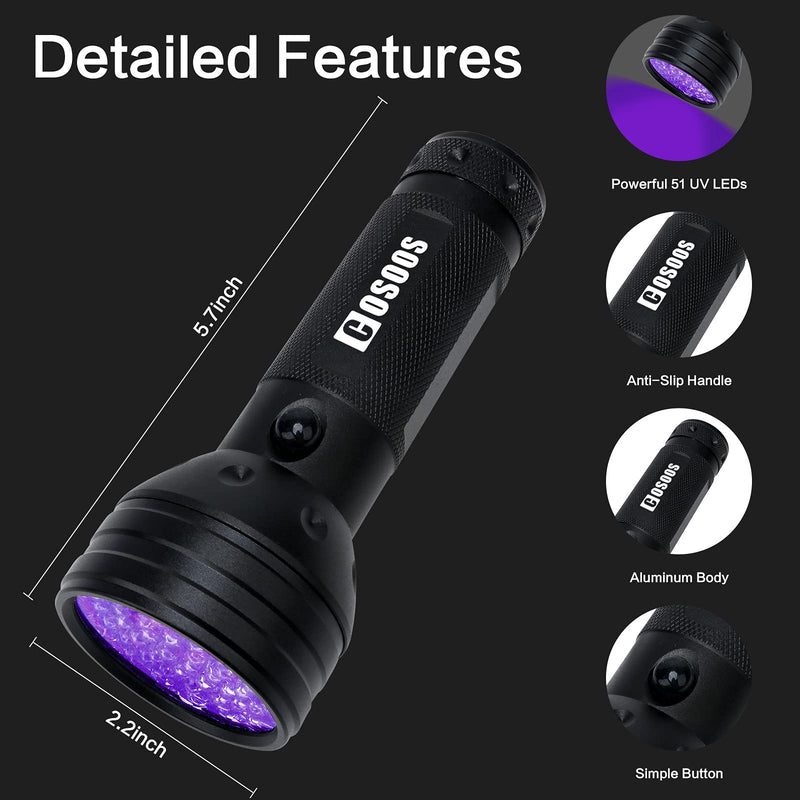 COSOOS 2 Pack UV Black light Flashlight, 51 LED 395nm Handheld Blacklight Flashlights, Pet Urine Detector for Dog and Cat Urine, Dry Pet Stains, Bed Bug(Batteries not Included) - BeesActive Australia