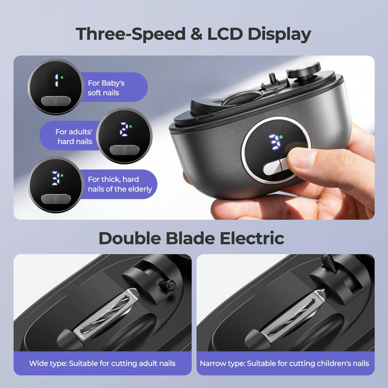 Electric Nail Clipper, 2-in-1 Improved Nail Clippers Set with LED Light & USB Rechargeable, 3 Speed Quiet & Nail Clip Storage for Baby Adults Seniors Thick Nails –Includes Oblique Nail Clippers (Grey) Xx-ch702 - BeesActive Australia