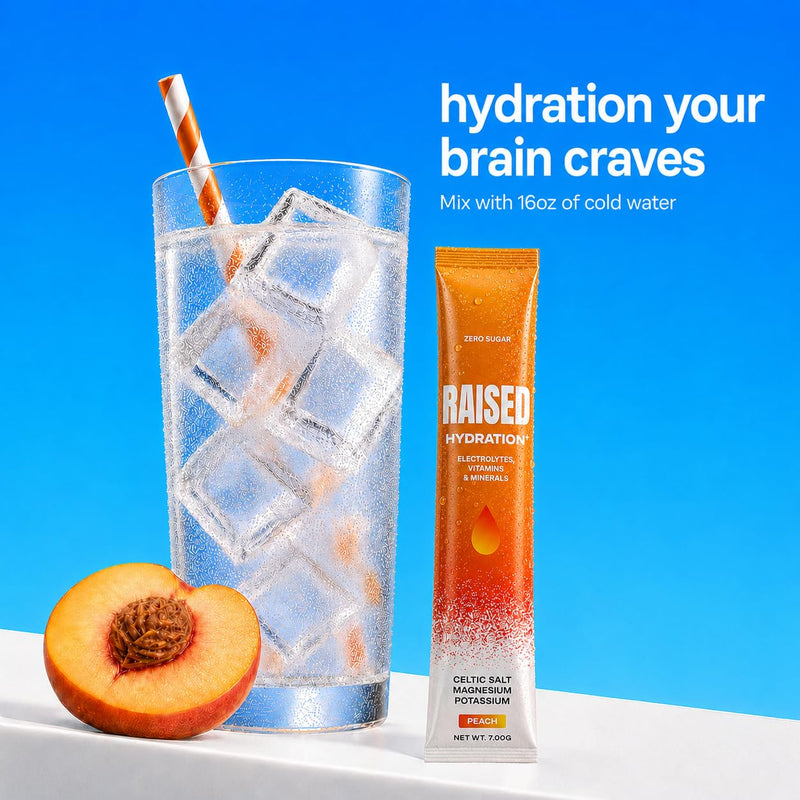 Raised Hydration+ No Sugar Electrolyte Powder Packets - 200mg Magnesium Glycinate, 500mg Sodium Celtic Sea Salt, 350mg Potassium | 500mg Vitamin C, 2000 IU Vitamin D | No Sucralose |15 Sticks, Peach