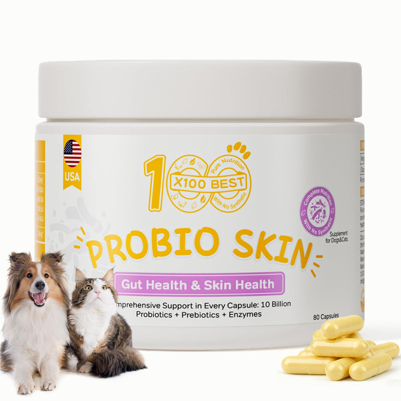 Probiotics for Dogs, 4 Digestive Enzymes & 11 Probiotics Blend, Supports Pet Gut Health, Itchy Skin & Yeast Issues Relief, Sensitive Stomach, Digestion & Immune System, 80 Capsules