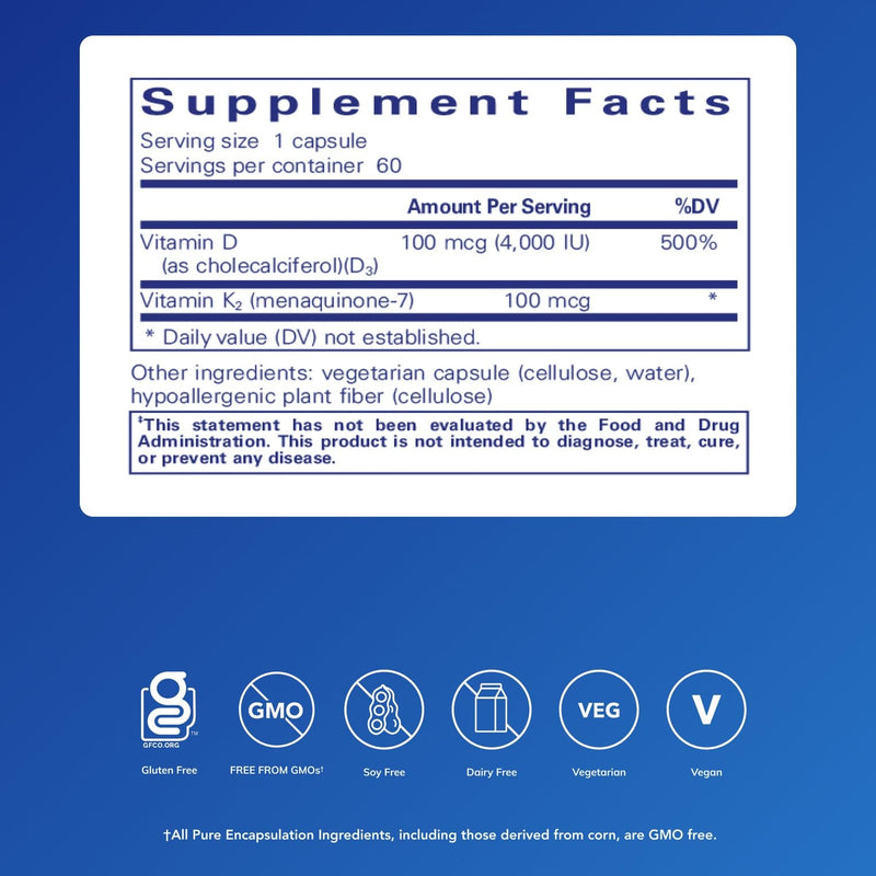 Pure Encapsulations Vitamin D3 & K2 - Bone & Vascular Health Support - Immune Function Support* - Gluten Free - Non-GMO - 60 Capsules 60 Count (Pack of 1) - BeesActive Australia