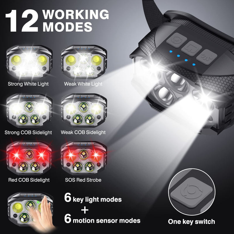 Headlamp Rechargeable, 2 Pack Head Lamp, 1200 Lumen Super Bright Motion Sensor LED Headlamps, Waterproof Head Flashlights with White Red Light, 12 Modes Headlamp Flashlight for Camping Cycling Running