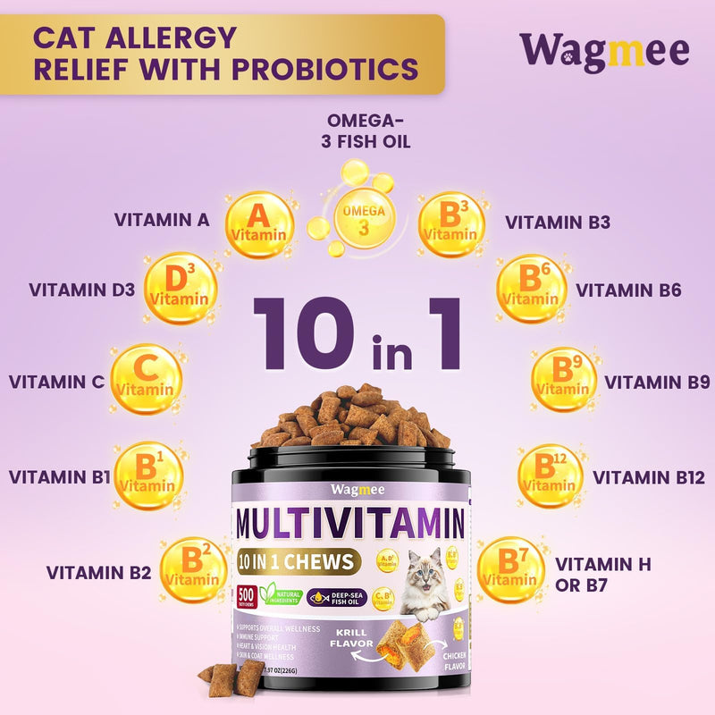 Taurine for Cats Vitamins Treats, 10 in 1 Cat Multivitamin with Fish Oil - 500 Crunchy & Creamy Chews Supports Energy, Bone, Joint, Skin & Coat Health, Digestion, Immunity for Cat All Breeds & Ages