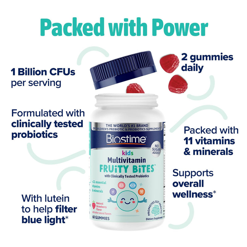 Biostime Kids Multivitamin Gummies with Probiotics & 11 Essential Vitamins (Ages 4+) | Multivitamin for Kids | No Added Sugar Fruity Bites | Free from Top 9 Allergens | 50 Count