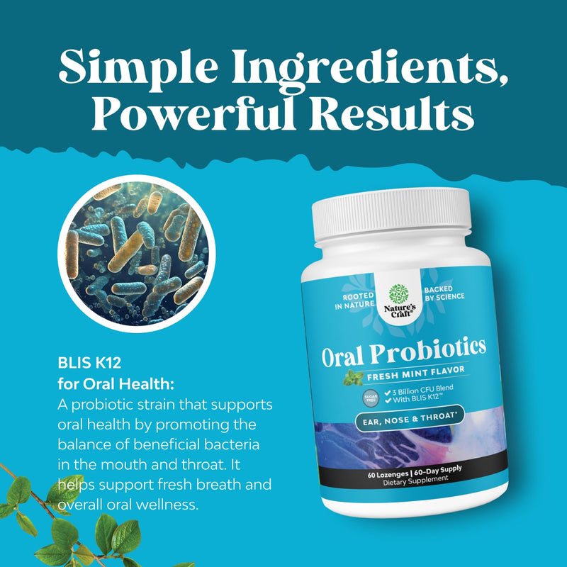 Oral Probiotics for Teeth and Gums - Minty Fresh BLIS K12 Oral Probiotics for Mouth Bad Breath Dry Mouth and Dental Health Support with 3 Billion CFU - Chewable Xylitol Lozenges Mint Flavor (60 Count) 60 Count (Pack of 1)