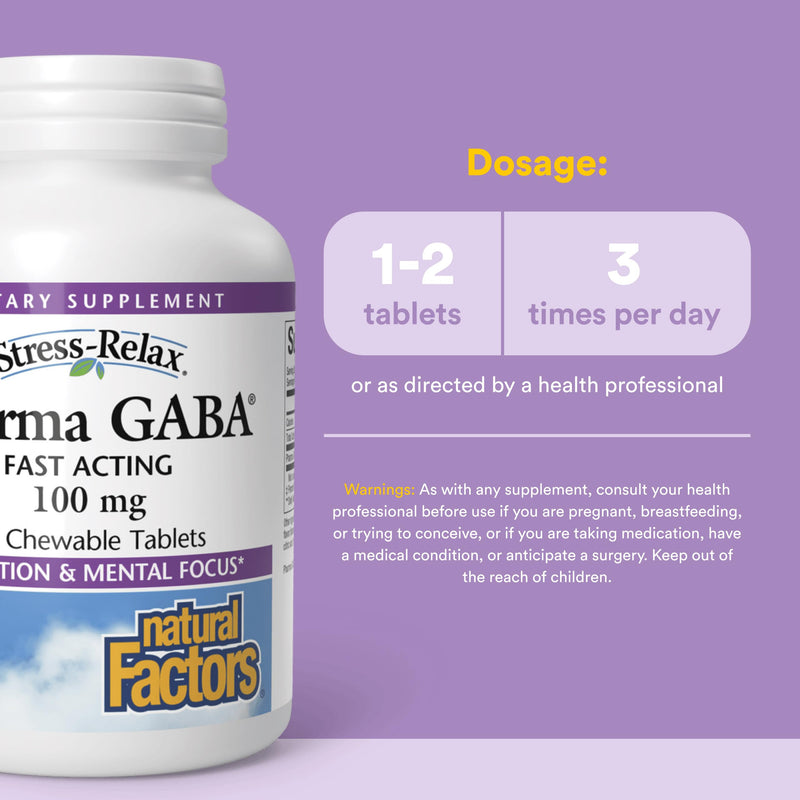 Natural Factors Pharma GABA - Dietary Supplement Supports Calm Sleep & Sleep Quality - Natural, Fast-Working Supplement Aids Focus & Brain Health - 60 Chewable Tablets (30 Servings) Tropical Fruit 60 Count (Pack of 1)