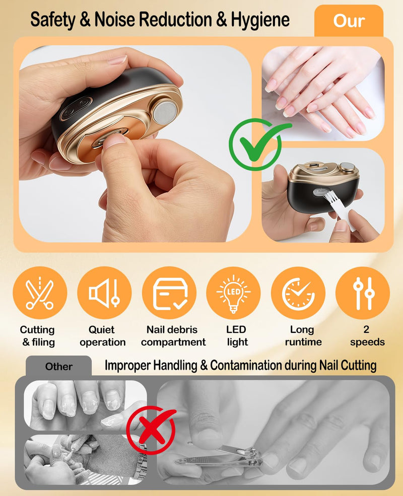 Electric Nail Clipper, 3-in-1 Electric Automatic Nail Clipper, Trimming, Polishing & Light, Quiet, 2 Speed Settings, Nail Scraps Storage, USB Rechargeable, Electric Nail Clippers for Seniors & Babies Black