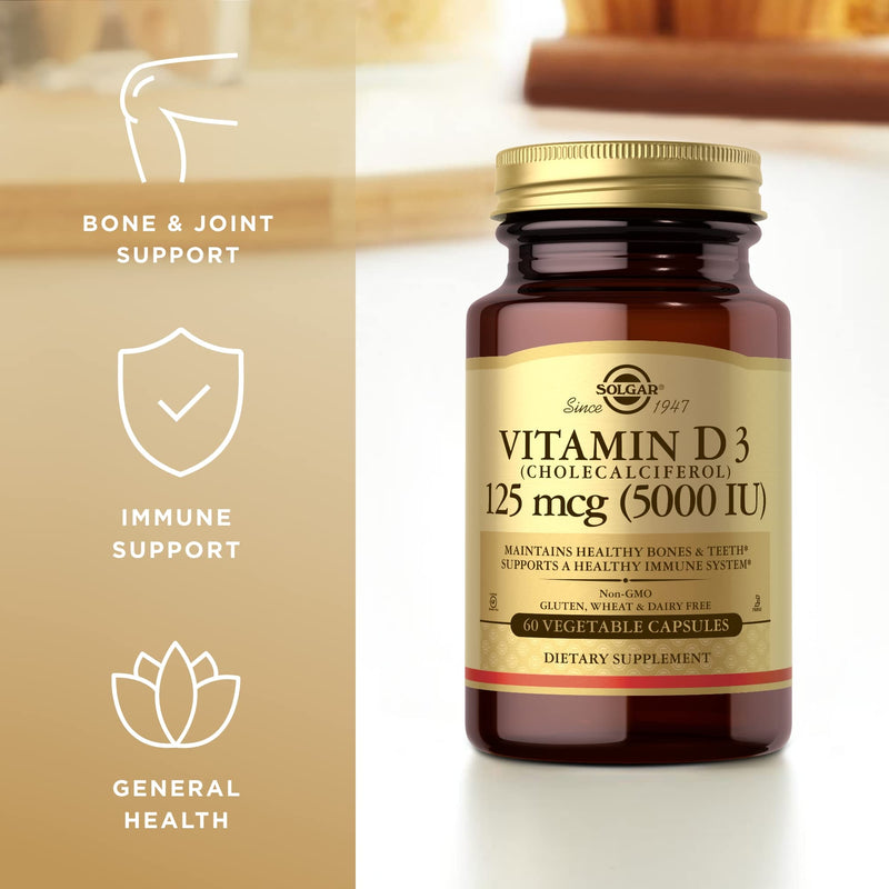 Solgar Vitamin D3 (Cholecalciferol) 125 mcg (5000 IU), 60 Vegetable Capsules - Helps Maintain Healthy Bones & Teeth - Immune System Support - Non-GMO, Gluten Free, Dairy Free - 60 Servings