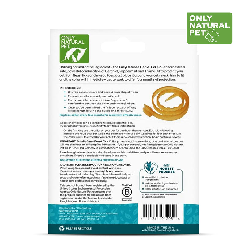 Only Natural Pet EasyDefense Flea & Tick Cat Collar - Feline Flea Collars Biting Insect Control - Pet Care That Protects up to 4 Months - for Cats (Single) Single - BeesActive Australia