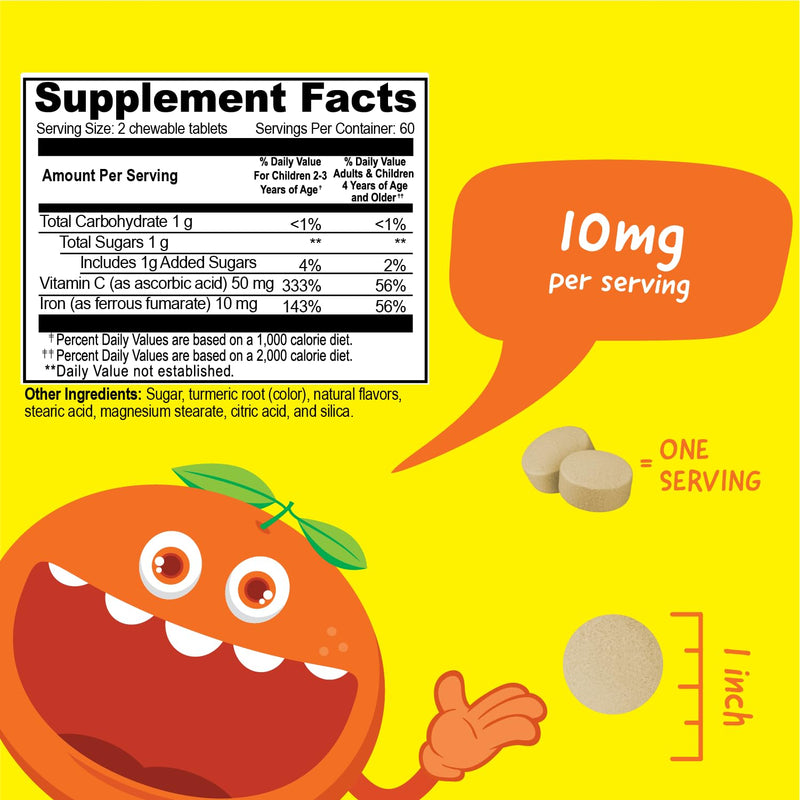VitaWorks Iron Supplements for Kids Chewable Tablets with Vitamin C, 10mg Ferrous Fumarate, Orange Flavor, Non-GMO, Vegan, Gluten Free and Nut Free, Blood Formation for Children, 120 Chewables