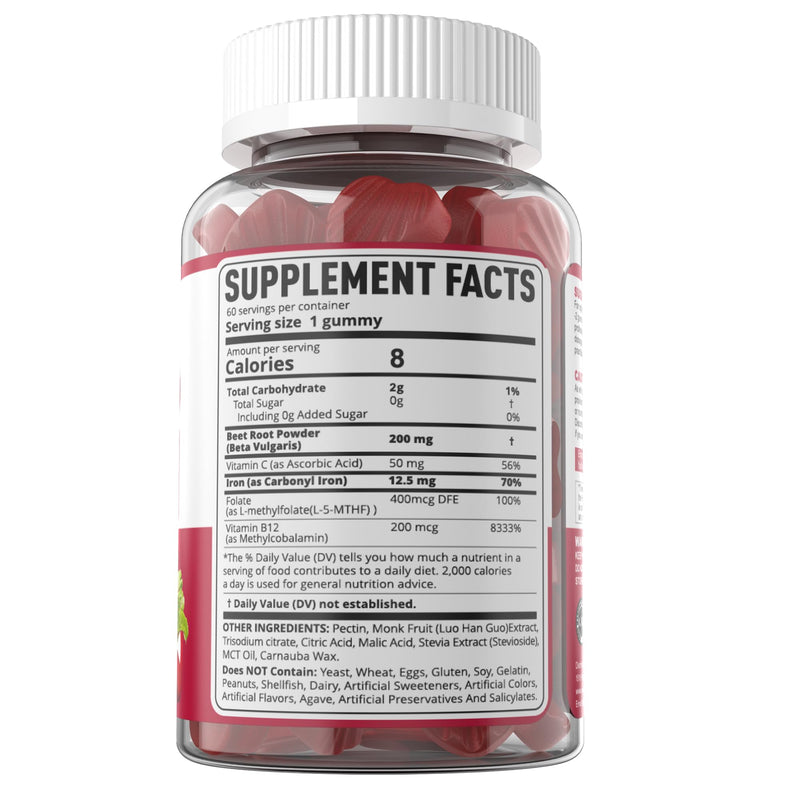 Beet Root Gummies with Iron, Increase Nitric Oxide & Iron Levels, Vegan | Sugar Free, with Methyl B12, Folate, Vitamin C, Energy Support, Fight Fatigue, Beetroot & Gentle Iron Supplement, 60 Count 60 Count (Pack of 1)