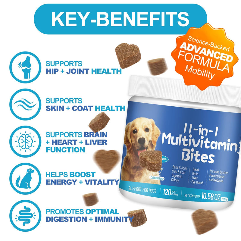 11-in-1 Dog Multivitamin Supplement with Glucosamine - 120 Soft Chews - Hip & Joint, Pet Immune Support, Heart, Skin & Coat, Digestion - Senior & Puppy Multivitamin for Dogs