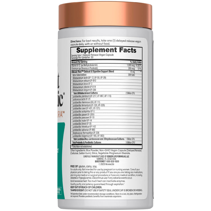 Renew Life Ultimate Flora Debloat Probiotic | 30 Delayed Release Vegan Capsules | with Potent Digestive Enzymes, B12 & Chromium | Gluten, Dairy & Soy Free Supplement