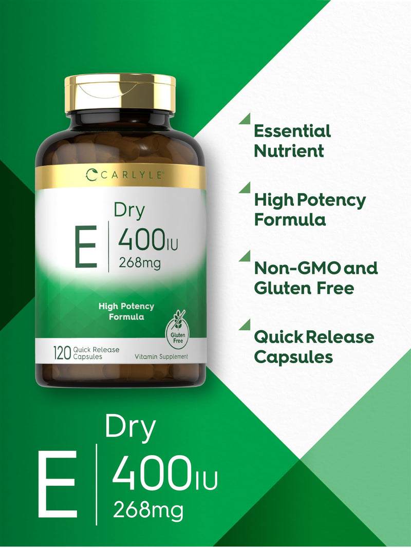Carlyle Dry Vitamin E 400 IU | 120 Capsules | D-Alpha Tocopheryl | High Potency Formula | Non-GMO & Gluten Free Supplement