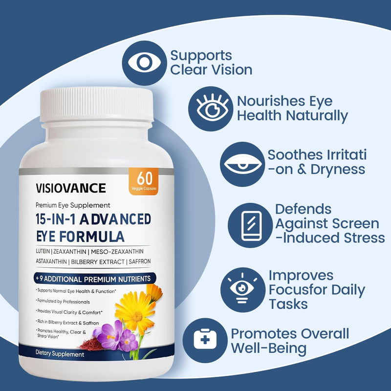 15 in 1 Advanced Eye Formula, Eye Vitamin and Mineral Supplement with Lutein, Zinc, Luteolin, Zeaxanthin & Bilberry Extract, 60 Count (1)