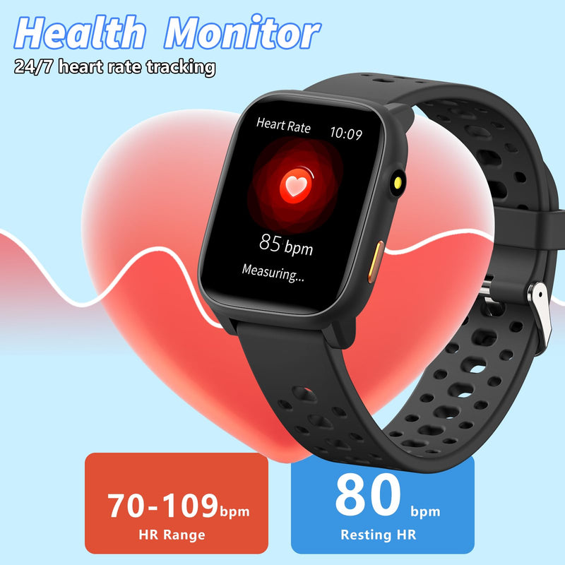 Kids Smart Watch with Puzzle Games, 1.83" Kids Watches Heart Rate, Sleep Monitor, Pedometer, Alarm Clock, Flashlight, Gift for 6-16 Year Old Boys Girls Toys (Black) Black - BeesActive Australia