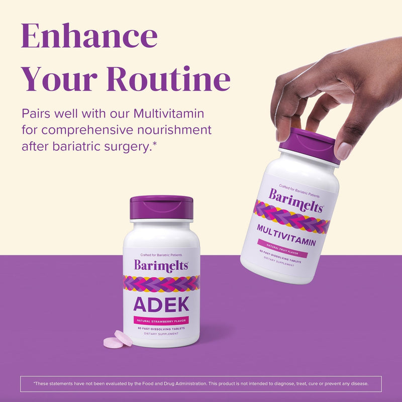 BariMelts ADEK - 120 Fast-Dissolving Tablets (4-Month Supply) - Sugar-Free Bariatric Vitamins for Women Including Vitamin A, Vitamin D, Vitamin E & Vitamin K, Natural Strawberry Flavor 60 Count (Pack of 2)