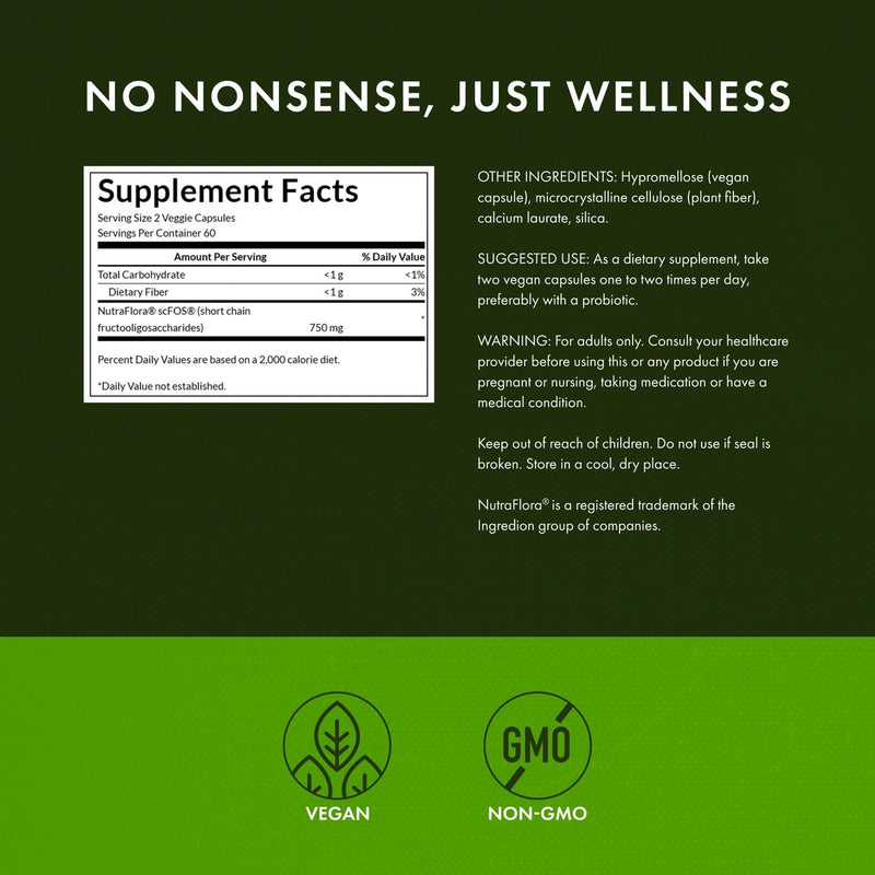 Swanson Prebiotic Fiber Capsules with NutraFlora FOS for Gut-Health-Conscious Adults Seeking Digestive Flora and Immune Support - 750 mg (120 Vegan Capsules, 4 Pack) 120 Count (Pack of 4)