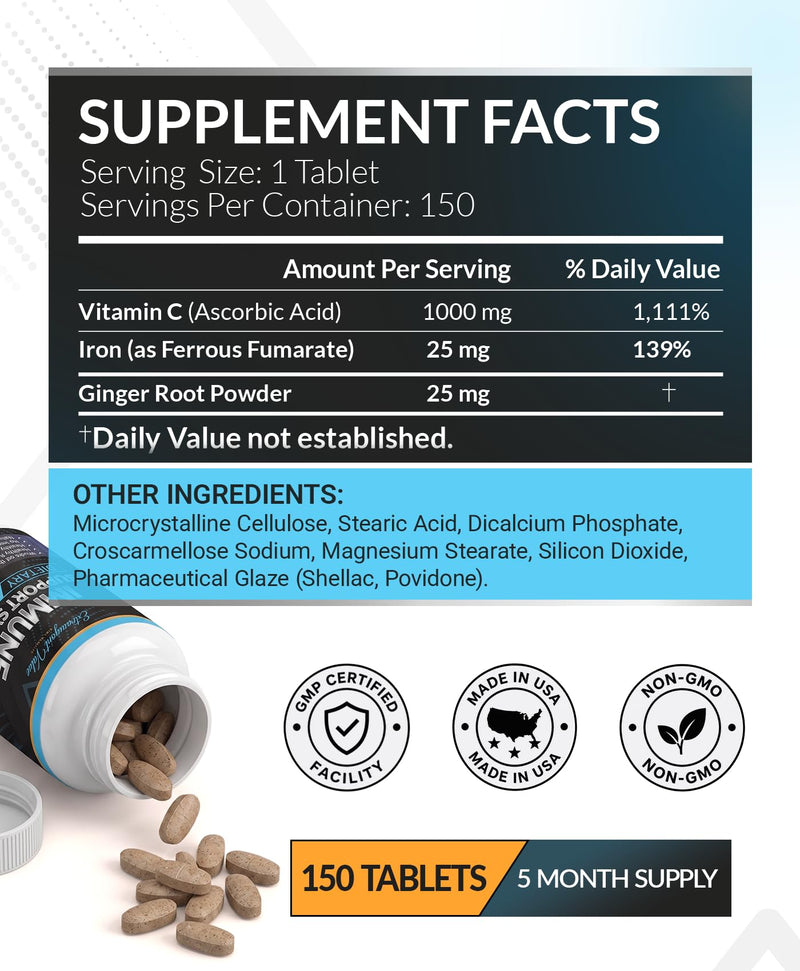 Immune Support Supplement for Men and Women - 150 Tablets | 1000 mg Vitamin C with Iron (Ferrous Fumarate) and Ginger Root, Vegan Non-GMO Daily Dietary Supplement