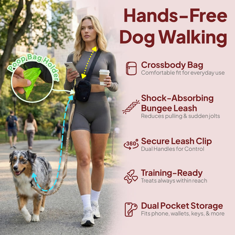 Hands Free Crossbody Dog Leash Bag with Built-in Poop Bag Dispenser & Storage, Dual Bungee Shock-Absorbing Leash with Dual Handles for Small, Medium, Large Dogs Walking or Training (Black) Black