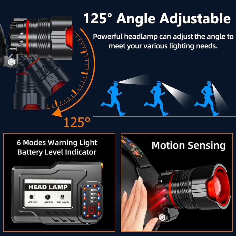 Headlamp 5000 LUMENS LED Rechargeable Head Lamps, Zoomable Headlight with 5 Modes & IPX7 Waterproof, 120° Adjustable Head Lights for Forehead for Outdoor, Camping, Hard Hat, Hunting,Fathers Day Gift - BeesActive Australia