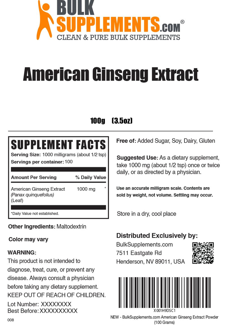 BulkSupplements.com American Ginseng Extract Powder - Ginseng Supplement, Herbal Supplements - Gluten Free, 1g per Serving, 100g (3.5 oz) (Pack of 1) 3.53 Ounce (Pack of 1) - BeesActive Australia