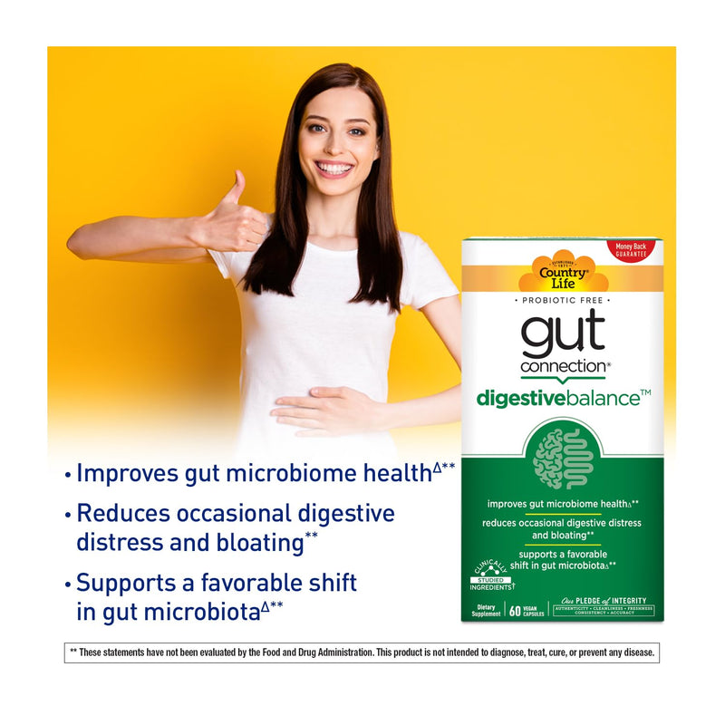 Country Life Gut Connection Prebiotic Digestive Balance, 60 Vegan Capsules | Clinically studied formula supports gut microbiome health and helps reduce occasional digestive distress and bloating