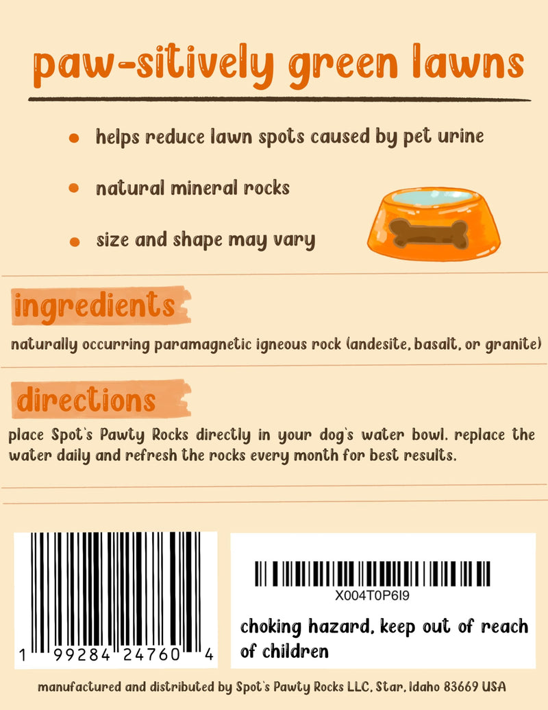 Spot's Pawty Rocks – Dog Water Bowl Rocks for Lawn Protection | Natural mineral rocks for dog water bowls that may help reduce yellow grass spots caused by dog urine.