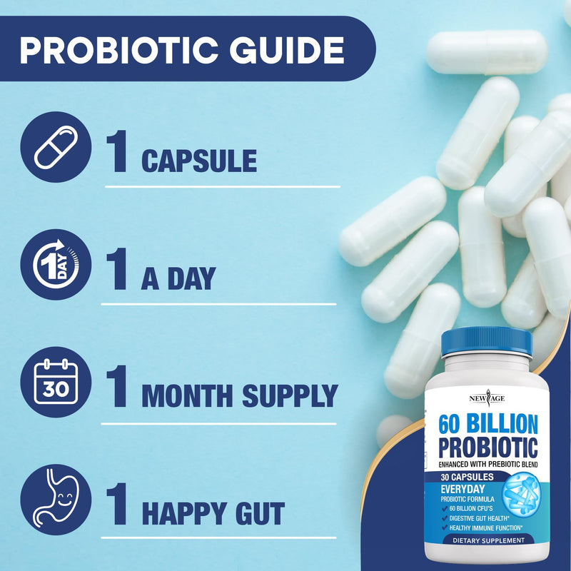 Probiotics 60 Billion CFU with Prebiotic Formula - Probiotics for Women and Men and Adults, 100% Natural Digestive Enzymes, Shelf Stable Probiotic Supplement Prebiotic