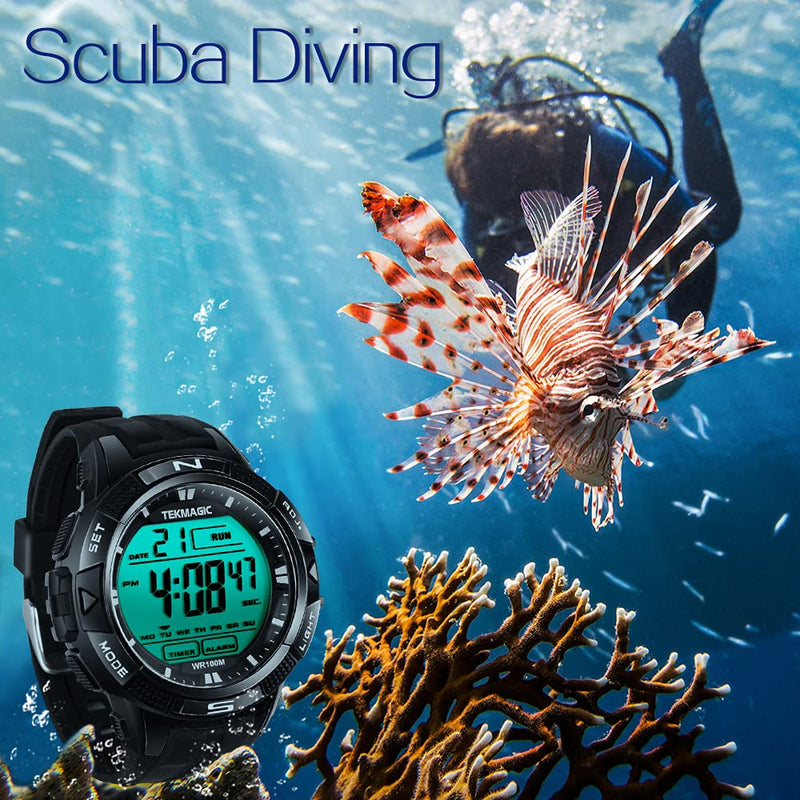 10ATM Waterproof Sport Watch for Swimming Diving with Stopwatch, 12/24 Hour Format, Dual Time Zone, Alarm Functions (2019 Version)