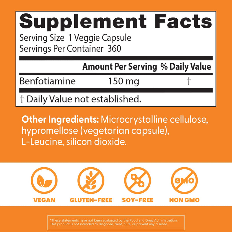 Doctor's Best Benfotiamine 150mg Supplement - Bioavailable Vitamin B1 for Men & Women, Benfotiamine Capsules, Supports Nerve & Metabolic Health, Antioxidant Support, Non GMO, Vegan - 360 Veggie Caps Unflavored 360 Count (Pack of 1)