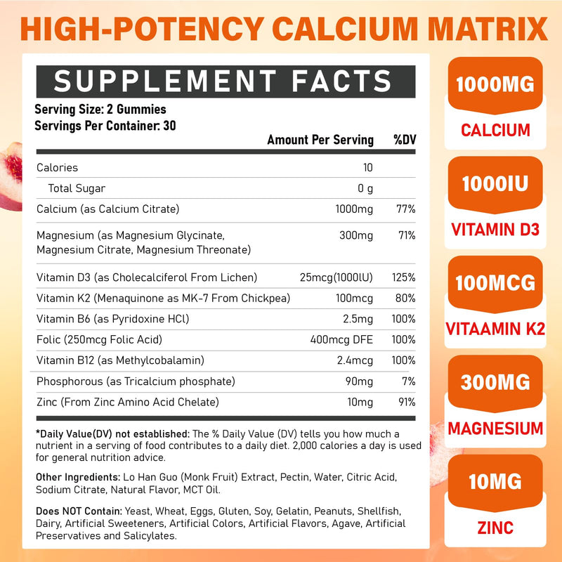 Calcium Magnesium Zinc Supplement Gummies with Vitamin D3 K2 & B Complex for Women Men 1000mg Calcium Citrate with Magnesium Gummies for Bone, Muscles & Immune Support, Sugar Free, Vegan Peach 60 Count (Pack of 2)