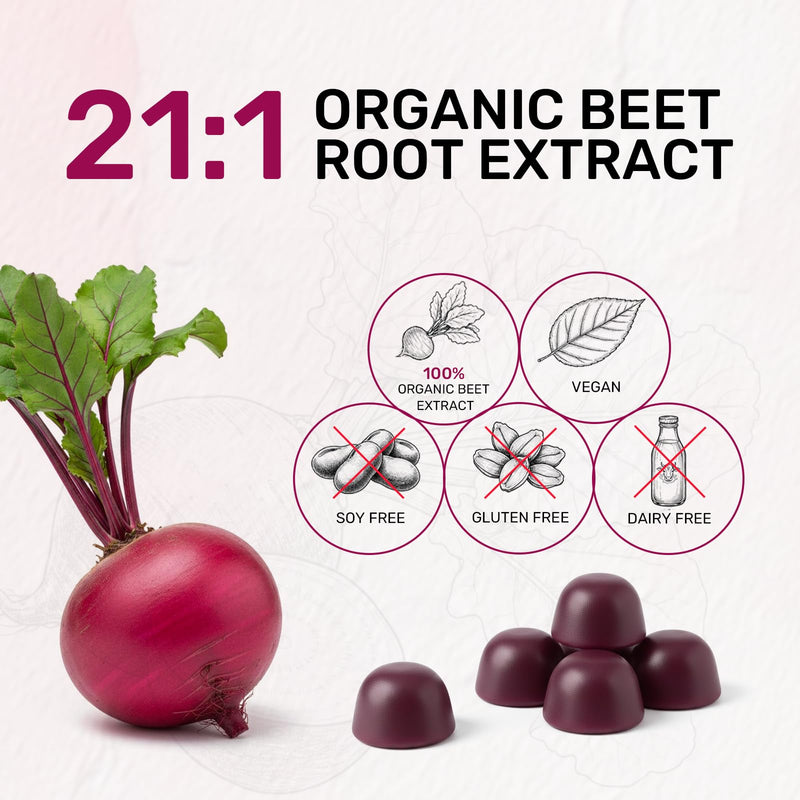 Organic Beet Root Gummies, Beet Chews for Nitric Oxide Support, 60 Count | Sugar-Free Beetroot Gummies with 21:1 Extract, Grape Seed & Black Pepper for Circulation, Heart and Energy; Vegan, Non-GMO 60 Count (Pack of 1)