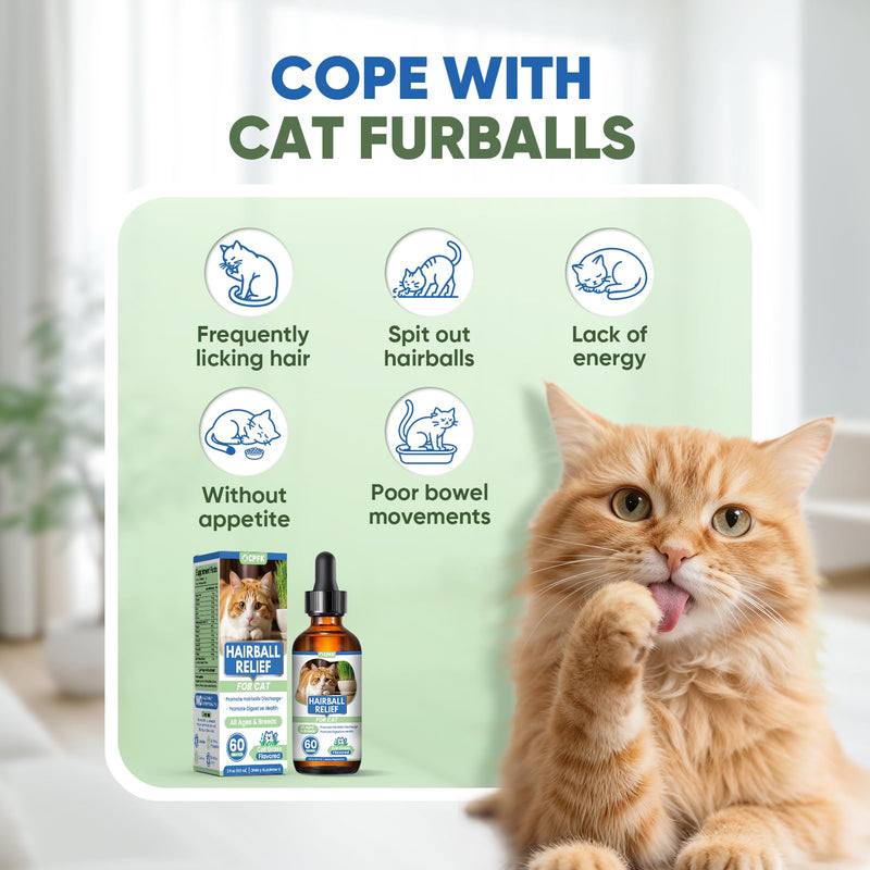 Cat Hairball Remedy Drops, 60 ml (2 fl oz) 2 Pack Cat Hair Ball Treatment Furball Control Relief Helps Eliminate and Prevent Hairballs for Indoor Cats Supports Skin and Coat Digestion 4 Fl Oz