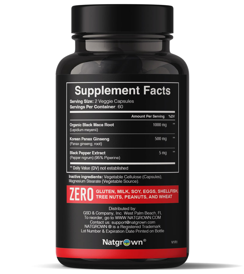 Natgrown Black Maca Root + Panax Ginseng Powder Capsules 1500 mg with Black Peruvian Maca Root & Korean Panax Ginseng Supplement for Men and Women - Vegan Pills (120 Count)