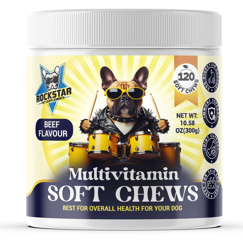 Multivitamin Soft Chews for Dogs | Beef Flavour | Daily Hip & Joint, Skin & Coat, Gut Health Support with Glucosamine, Probiotics, Vitamins & Omega-3 | All-in-One Supplement.