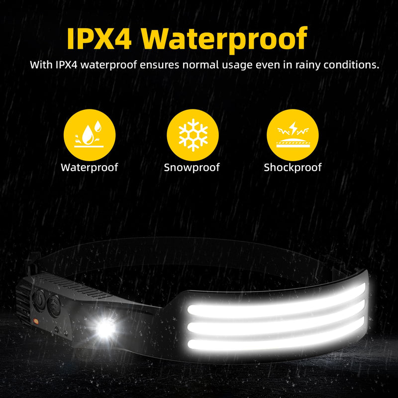 Headlamp Rechargeable 4PCS, Motion Sensor 230° COB Head Lamp, Headlights for Forehead, Hard hat Light for Adults, LED Headband Flashlight for Work, Hiking, Running, Camping Essentials Gear Black 4 Pack - New Upgrade III Tri-Led Strip