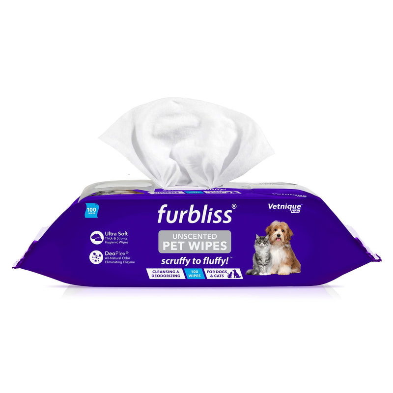 Vetnique Labs Furbliss Hygienic Pet Wipes for Dogs & Cats, Cleansing Grooming & Deodorizing Hypoallergenic Thick Wipes with All Natural Deoplex Deodorizer (Unscented, 100ct Pouch) Unscented - BeesActive Australia