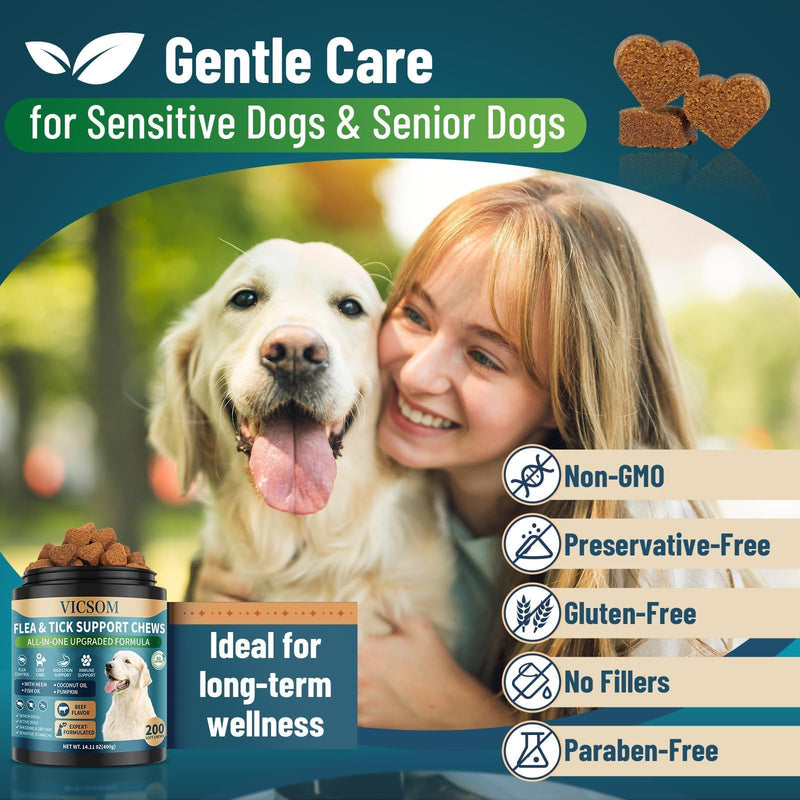 Natural Flea and Tick Prevention Chewables for Dogs & Natural Flea and Tick Prevention Drops for Dogs - 200 Chews & 60ml, Skin & Coat Support, and Flea Protection