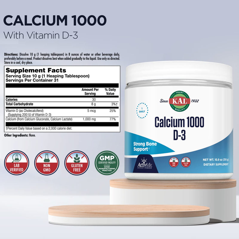 KAL Calcium Vitamin D-3 ActivMix, Powder Calcium Supplement, Bioavailable Calcium Lactate and Gluconate, Bone Health Support, Unflavored, Non-GMO, Gluten Free, 60-Day Guarantee, 31 Servings, 10.9 oz